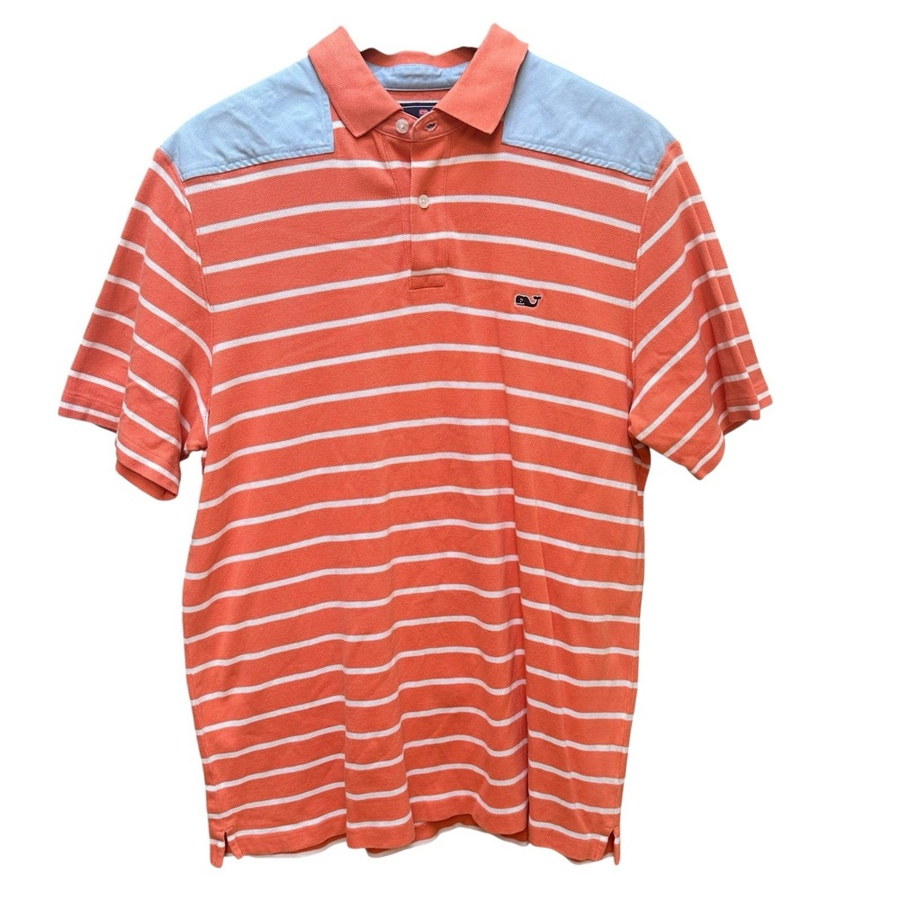 Vineyard Vines Men's Polo Orange White Striped Short Sleeve Pique Preppy Size M‎